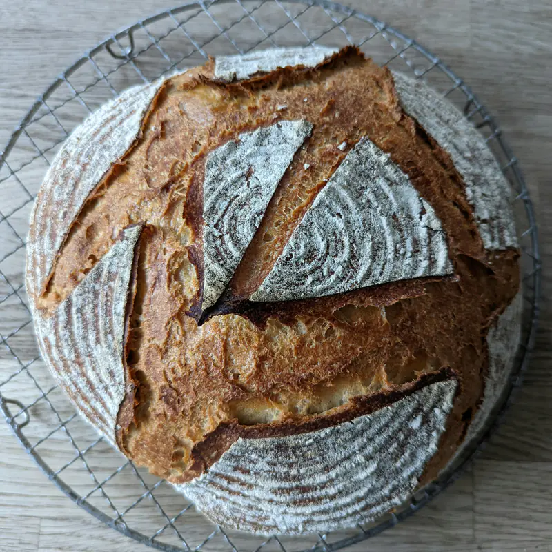 Un pain de campagne rond sur sa grille, vu de dessus